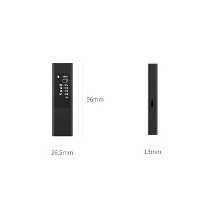 Xiaomi Youpin DUKA LS5 Touch Screen Laser Distance Measurer compact black unit with OLED display and dimensions 96mm x 26.5mm x 13mm