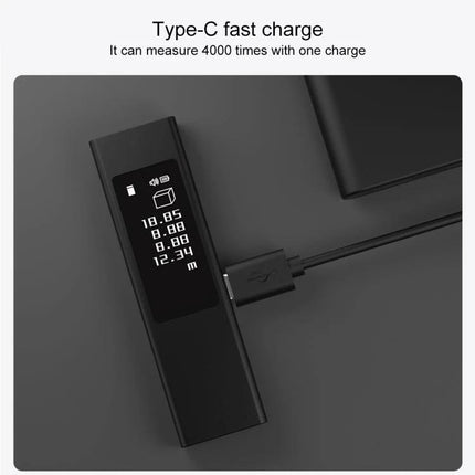 Xiaomi Youpin DUKA LS5 Touch Screen Laser Distance Measurer showing OLED display and Type-C fast charging cable connected