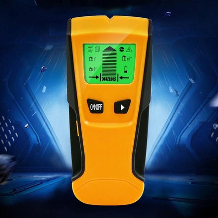 Practical Wall Scanner for Metal, Wires, and Voltage Detection – handheld yellow wall scanner with LCD display showing center indicator and buttons