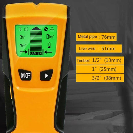 Practical Wall Scanner for Metal, Wires, and Voltage Detection handheld device showing metal pipe 76mm and live wire 51mm detection
