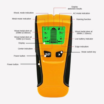 Practical Wall Scanner for Metal, Wires, and Voltage Detection - handheld detector showing labeled display and mode indicators