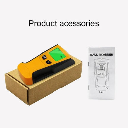 Practical Wall Scanner for Metal, Wires, and Voltage Detection – yellow wall scanner on box with manual, accessories for detecting studs, metal, pipes, live wires