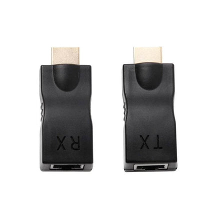 HDMI Extender Adapter for Cat-6 Cables, Up to 30 Meter Range - compact black TX and RX HDMI over Cat6 pair for 4K and 1080p extension