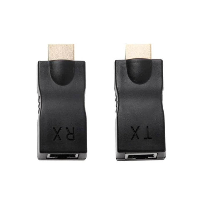 HDMI Extender Adapter for Cat-6 Cables, Up to 30 Meter Range - compact black TX and RX HDMI over Cat6 pair for 4K and 1080p extension
