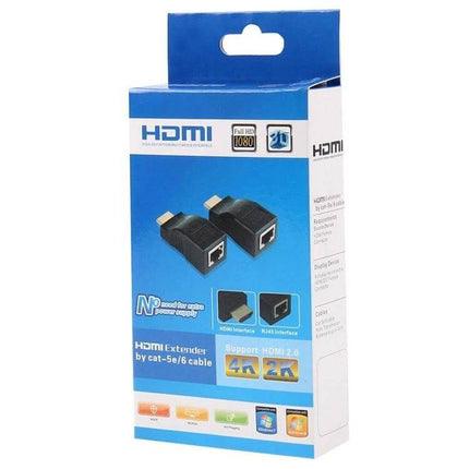 HDMI Extender Adapter for Cat-6 Cables, Up to 30 Meter Range showing black HDMI-to-Cat6 adapter pair in retail blue packaging