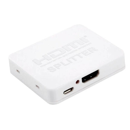 HDMI 1x2 Splitter for Connecting One Source to Two Displays white compact HDMI splitter mirroring laptop to TV and projector