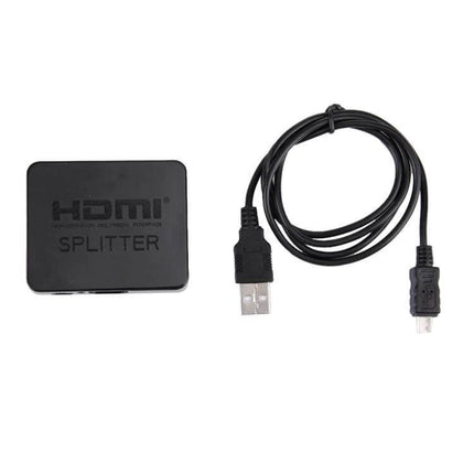 HDMI 1x2 Splitter for Connecting One Source to Two Displays — compact black HDMI splitter with USB power cable, mirrors laptop output to TV and projector