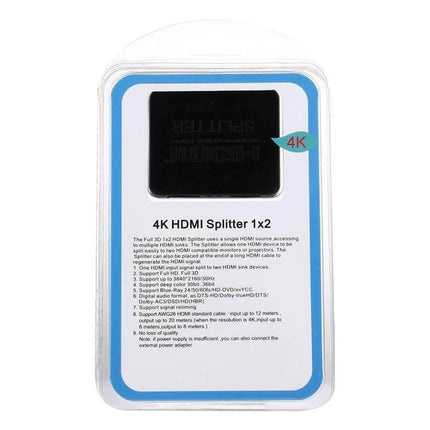 HDMI 1x2 Splitter for Connecting One Source to Two Displays - compact 4K HDMI splitter in retail packaging mirroring a single HDMI input to two screens