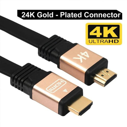 High-Quality 1-Meter Flat HDMI Cable for TV Connections showing gold-plated 4K HDMI connectors and flat black cable