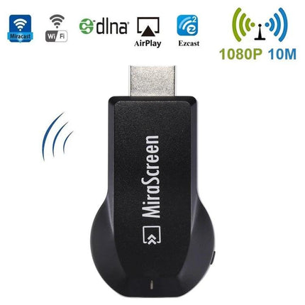 MiraScreen Wireless Display Dongle for Screen Mirroring Devices black HDMI dongle showing Miracast WiFi AirPlay icons 1080P