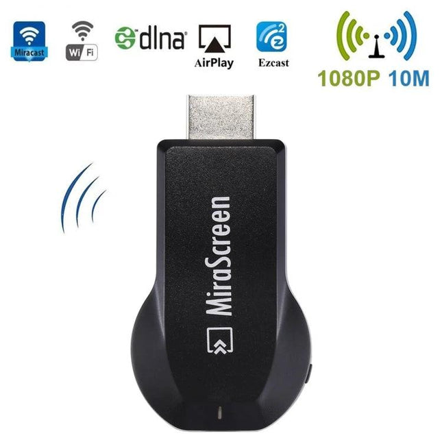 MiraScreen Wireless Display Dongle for Screen Mirroring Devices black HDMI dongle showing Miracast WiFi AirPlay icons 1080P