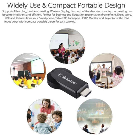 MiraScreen Wireless Display Dongle for Screen Mirroring Devices shown with classrooms and presentation use for easy wireless HDMI mirroring