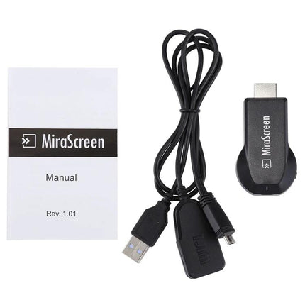 MiraScreen Wireless Display Dongle for Screen Mirroring Devices showing dongle, USB power cable, and user manual