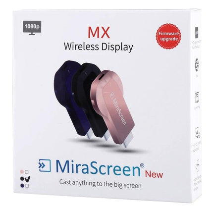 MiraScreen Wireless Display Dongle for Screen Mirroring Devices compact HDMI dongle in retail box showing multiple color options