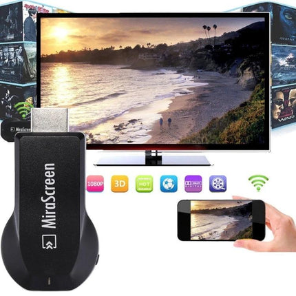 MiraScreen Wireless Display Dongle for Screen Mirroring Devices showing phone screen mirrored to TV for presentations and home entertainment
