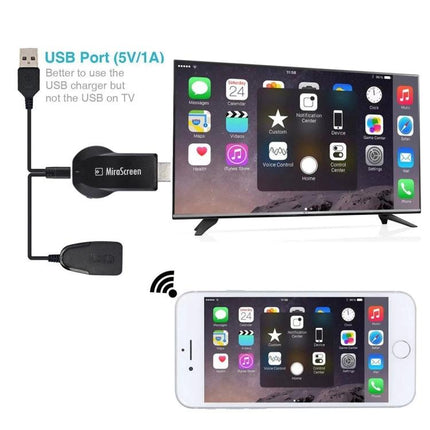 MiraScreen Wireless Display Dongle for Screen Mirroring Devices plugged into TV USB, mirroring iPhone screen to large HDTV