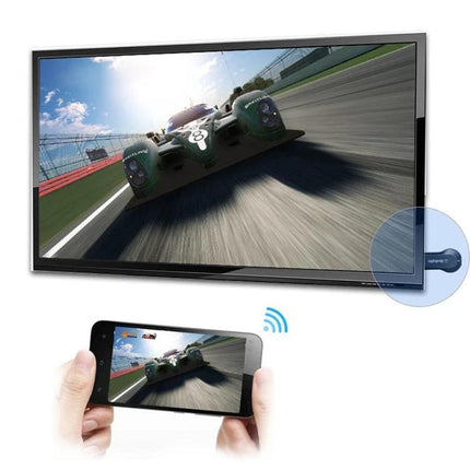 MiraScreen Wireless Display Dongle for Screen Mirroring Devices showing smartphone mirroring racing game to HDTV via wireless dongle