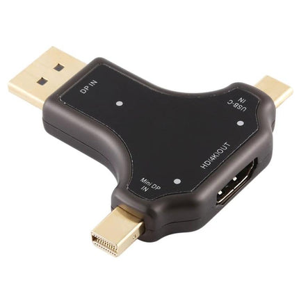 Multi-Port Adapter for Everyday Device Connections to HDMI Displays — compact black adapter with DisplayPort, Mini DisplayPort and USB-C inputs to HDMI output