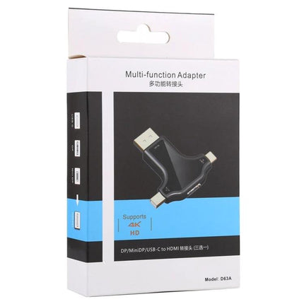 Multi-Port Adapter for Everyday Device Connections to HDMI Displays — black multi-function adapter packaging, DP/MiniDP/USB-C to HDMI