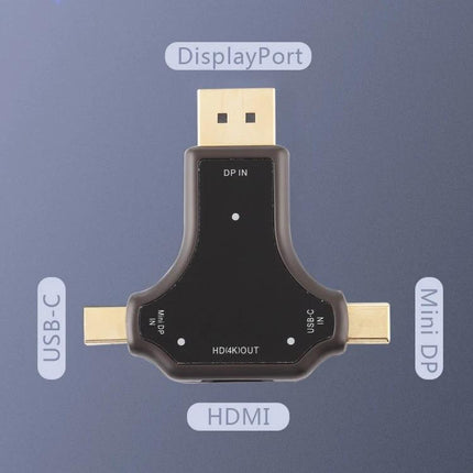 Multi-Port Adapter for Everyday Device Connections to HDMI Displays - black 3-in-1 dongle with DisplayPort, Mini DP, USB-C inputs and HDMI output