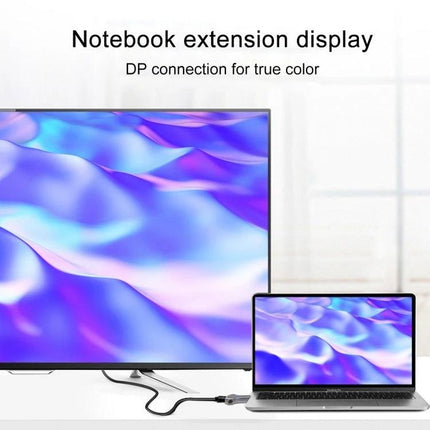 Multi-Port Adapter for Everyday Device Connections to HDMI Displays showing laptop connected to large monitor with DP/USB-C cable for screen extension
