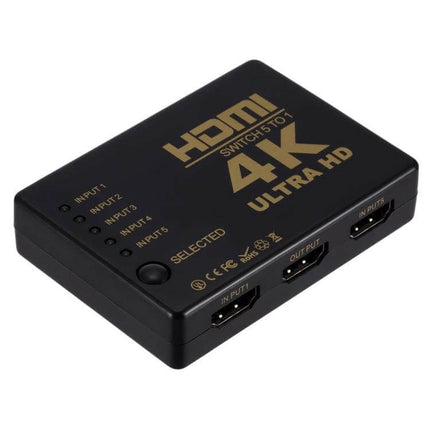 HDMI Switch with Remote Control for 5 Devices and 4K Support - compact black 5-port 4K HDMI switcher with remote and manual button