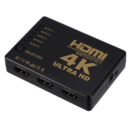 HDMI Switch with Remote Control for 5 Devices and 4K Support - black 5-input 4K HDMI switch box with remote, LED indicators and HDMI ports