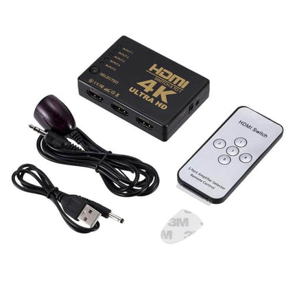 HDMI Switch with Remote Control for 5 Devices and 4K Support showcasing black 5-port 4K HDMI switch, USB power cable, IR receiver and remote for home theater