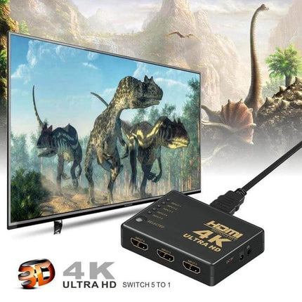 HDMI Switch with Remote Control for 5 Devices and 4K Support black 5-port HDMI switch showing TV with dinosaur scene and 4K Ultra HD label