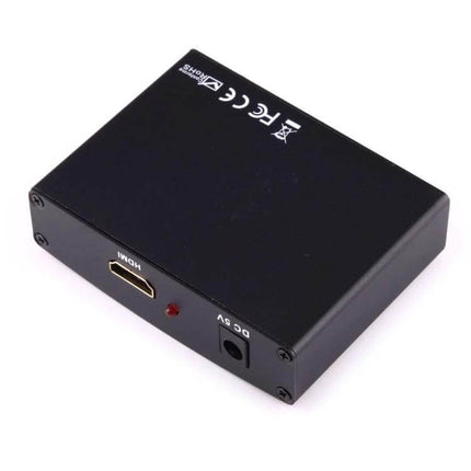 HDMI to Component Video and Audio Converter for TV Connections — black HDMI input box with DC 5V jack and LED