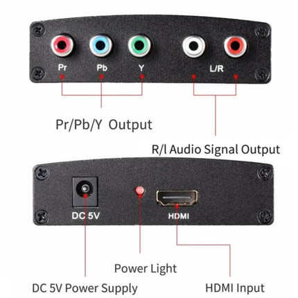 HDMI to Component Video and Audio Converter for TV Connections showing HDMI input, component Pr/Pb/Y and L/R audio outputs, DC 5V power