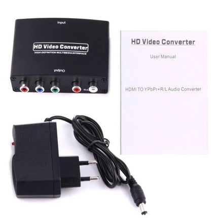 HDMI to Component Video and Audio Converter for TV Connections - black HD video converter box with YPbPr component and RCA audio cables, power adapter and manual