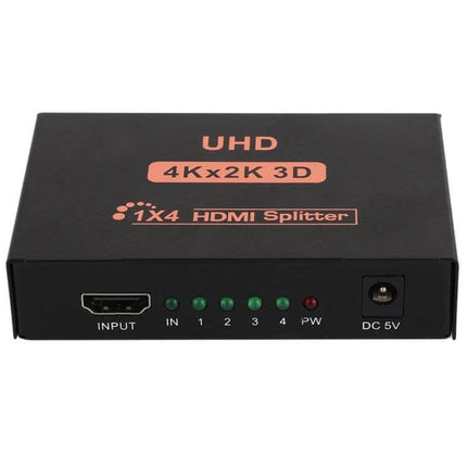 HDMI Splitter for Distributing 4K UHD Video to Four Displays black 1x4 box with input port LED indicators and DC 5V power