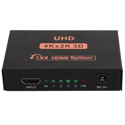 HDMI Splitter for Distributing 4K UHD Video to Four Displays compact 1x4 metal box with HDMI input, four outputs and DC 5V power