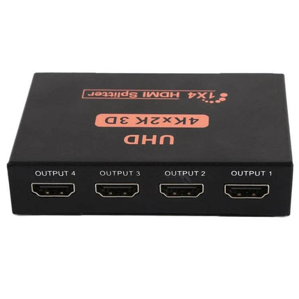 HDMI Splitter for Distributing 4K UHD Video to Four Displays - black 1x4 HDMI splitter showing four output ports
