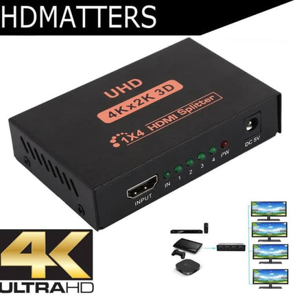 HDMI Splitter for Distributing 4K UHD Video to Four Displays - black 1x4 UHD HDMI splitter box showing INPUT, LEDs and DC 5V port