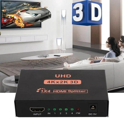 HDMI Splitter for Distributing 4K UHD Video to Four Displays - 1x4 4Kx2K 3D HDMI splitter in living room setup