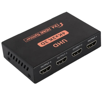 HDMI Splitter for Distributing 4K UHD Video to Four Displays – compact black 1x4 4K HDMI splitter with four output ports