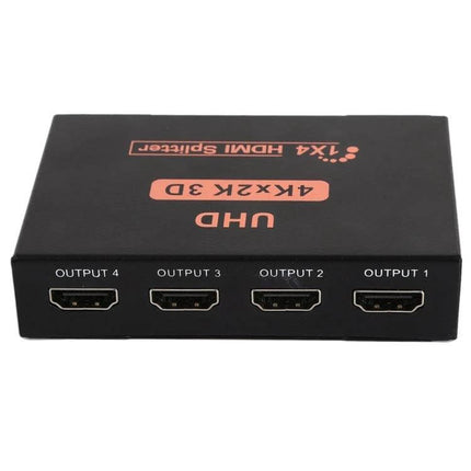 HDMI Splitter for Distributing 4K UHD Video to Four Displays - black 1x4 HDMI box showing four output ports