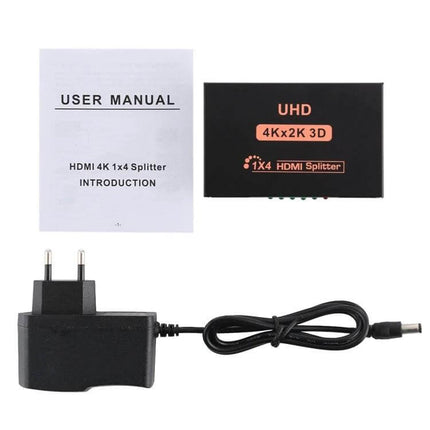 HDMI Splitter for Distributing 4K UHD Video to Four Displays showing black 1x4 splitter box, power adapter and user manual