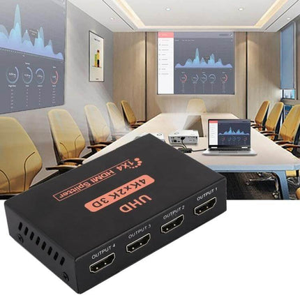 HDMI Splitter for Distributing 4K UHD Video to Four Displays in a conference room showing one source feeding four screens