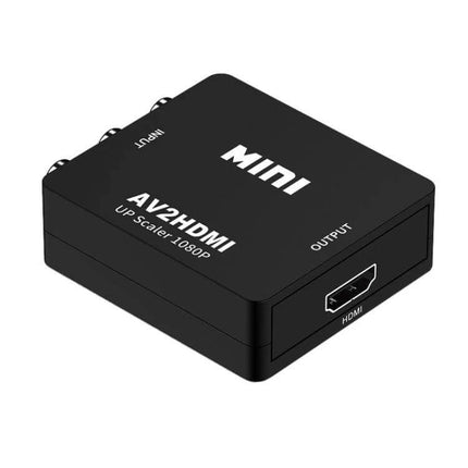 HOWEI Mini AV to HDMI Converter for Older Video Devices - compact black AV2HDMI upscaler with RCA inputs and HDMI output
