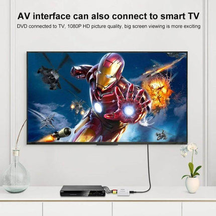 HOWEI Mini AV to HDMI Converter for Older Video Devices showing vintage VCR connected to modern smart TV displaying action movie