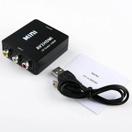 HOWEI Mini AV to HDMI Converter for Older Video Devices compact black AV-to-HDMI unit with RCA inputs and USB cable