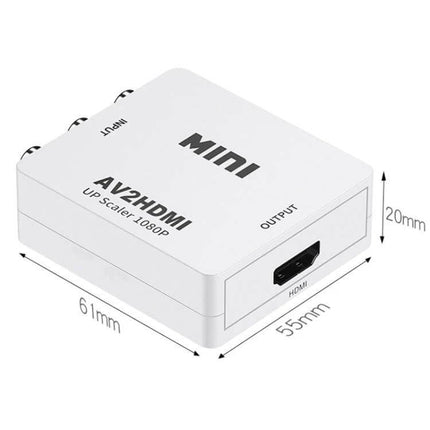 HOWEI Mini AV to HDMI Converter for Older Video Devices white mini AV2HDMI box with HDMI output and RCA inputs, 61x55x20mm compact converter