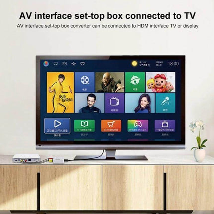 HOWEI Mini AV to HDMI Converter for Older Video Devices showing TV connected to vintage AV set-top box