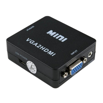 Howei Mini VGA to HDMI Converter for Video Displays compact black VGA2HDMI adapter showing VGA input and HDMI output