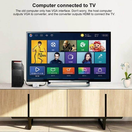 Howei Mini VGA to HDMI Converter for Video Displays connecting a desktop PC to a large HDMI TV for presentations and media playback