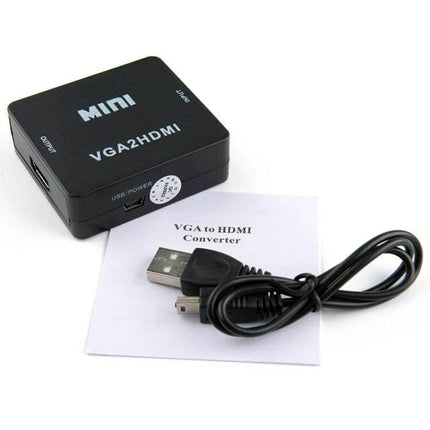 Howei Mini VGA to HDMI Converter for Video Displays - compact VGA2HDMI adapter with USB power cable and manual for presentations and projectors