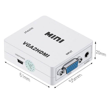 Howei Mini VGA to HDMI Converter for Video Displays compact white adapter showing VGA input, HDMI output and audio jack